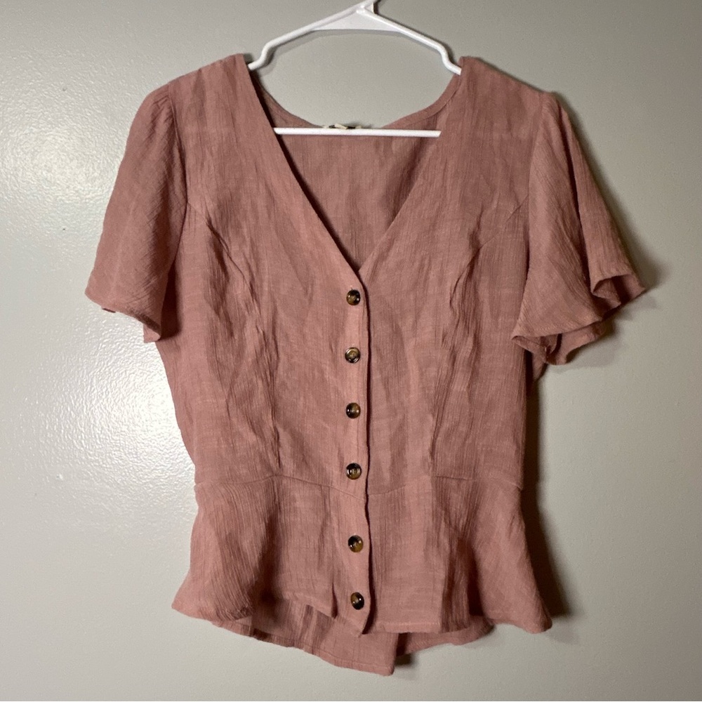 Lily White Women's Pink Y2K Boho Peplum Blouse V Neck Sz Med Cottagecore Buttons